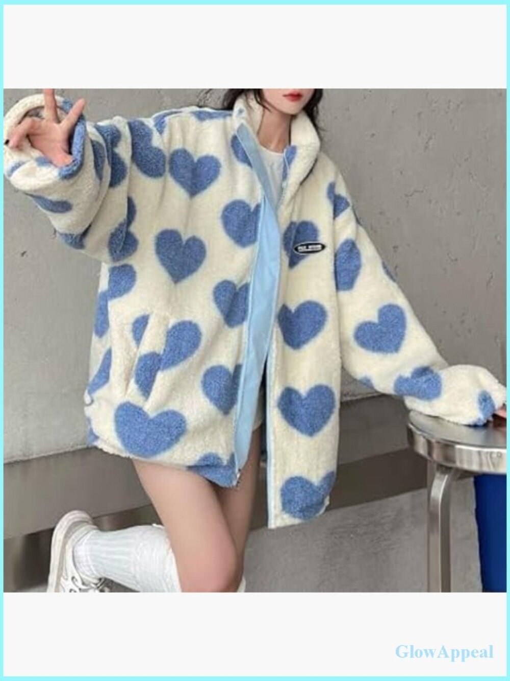 Women's Reversible Fleece Sherpa Jacket Kawaii Heart Print Zip Up Cozy - Picture 3 of 7